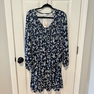 Blue and White Floral Print Smocked Long‎ Sleeve Dress - Size Medium